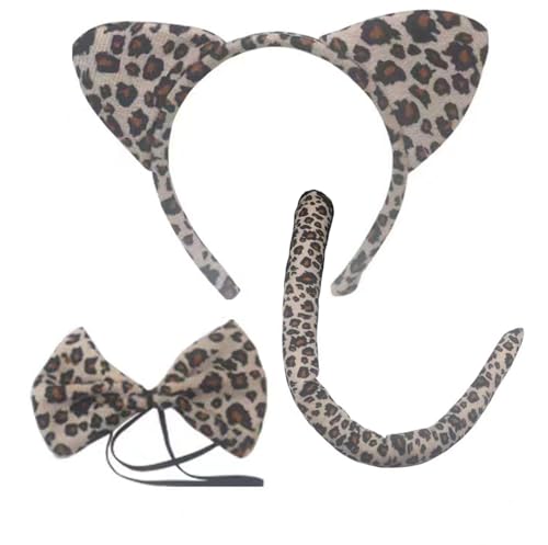 BOBOZHONG Ohren Stirnband Set,Ohren Schwanz Fliege Tier Kleid Tierohren Schwanz und Fliege Set,für Kostüm Party,Ankleiden Spielen,Mottoparty(Weißer Leopard Kostüm) von BOBOZHONG