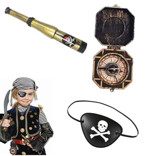 BOBOZHONG Piraten Kostüm zubehör Kinder,3 Stück Kinder Cosplay Zubehör,Teleskop Fernrohr Pirat und Kompass-Requisite Augenklappe Schiffskapitän,für Karneval,Halloween und Piraten Party Kostüm Prop von BOBOZHONG
