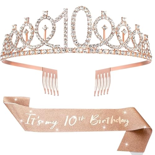Rose Gold Glitzer Sash & Strasskrone für 10. Geburtstag – 'It's my 10th Birthday' Set mit verstellbarer Krone & Sash (63 Zoll), elegantes Geschenk für Mädchen, Geburtstagsdekoration & Partyzubehör von BOBOZHONG