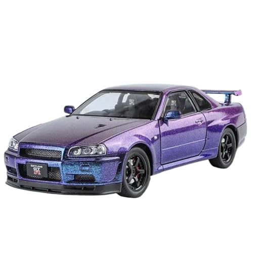 BOFSMXXNP Druckguss Auto 1:24 for Nissan GTR R34 Skyline Legierung Automodell Sound Und Licht Pullback Druckguss-Modellauto Miniatur-Automodell(C343-Purple) von BOFSMXXNP
