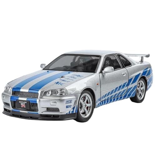Modellauto im Maßstab 1:24 for Nissan GTR R34 Skylin Legierung Automodell Sound Und Licht Pullback Sammler Maßstab Automodell Fertiges Automodell(Silver Box) von BOFSMXXNP