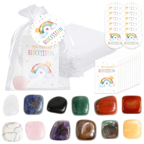BOFUNX 12 Set Kinder Glücksstein, Bunte Glückssteine + Regenbogen Grußkarten + Regenbogen Geschenkanhänger + Organzasäckchen, Kinder Geschenk Glücksbringer für Geburtstag Weihnachten Einschulung von BOFUNX