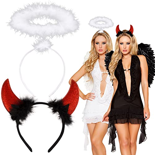 BOFUNX 2 Stücke Engel und Teufel Hörner Stirnband, Halloween Engel Heiligenschein Haarreif Rot Teufelshörner Haarreif für Kinder Erwachsene Karneval Kostüm Cosplay Party Outfit von BOFUNX