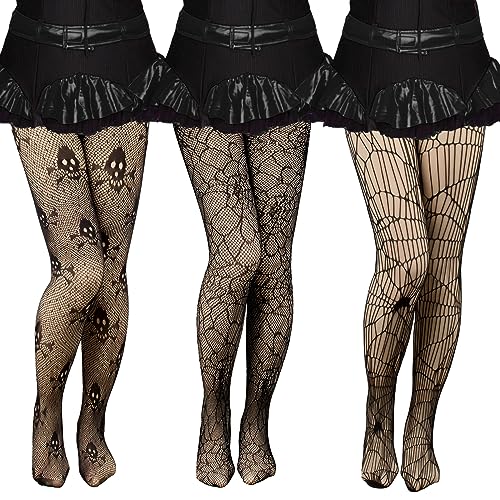 BOFUNX 3 Paar Netzstrumpfhose Schwarz Halloween, Totenkopf Spinnennet Strumpfhose Strapsstrümpfe für Damen Erwachsene Halloween Kostüm Accessoires von BOFUNX