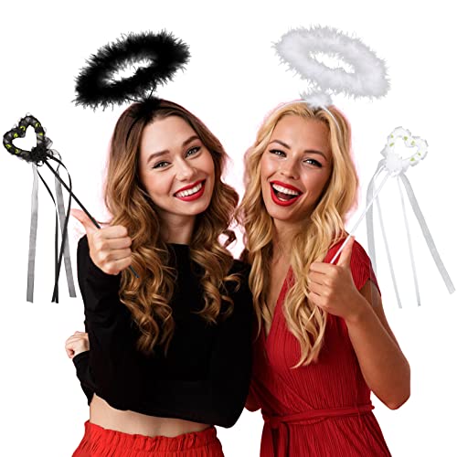 BOFUNX 4 Stücke Heiligenschein Engel Haarreif Set, Haarreifen Engel Weiß Schwarz + Engel Zauberstab für Halloween Karneval Kostüm Cosplay Party Outfit von BOFUNX