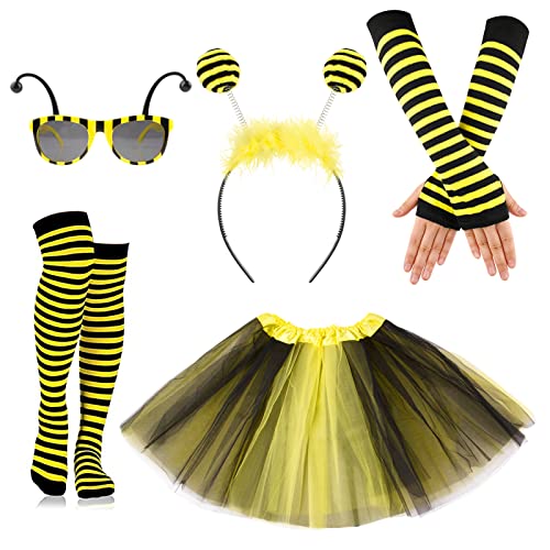 BOFUNX 5 Stück Bienen Kostüm für Kinder Mädchen Erwachsen Karneval Cosplay Kostüm mit Bienenbrille Haarreif Fingerlose Handschuhe Beinwärmer Tüllrock von BOFUNX