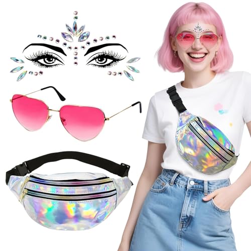 BOFUNX 90er Jahre Outfit Damen Metallic Bauchtasche + Glitzersteine Gesicht + Herz Brillen 90er Party Outfit für Hippie Neon Malle Mallorca Fasching Karneval 90er Party Festival Outfit Accessoires BOFUNX 90er Jahre Outfit Damen Metallic Bauchtasche + Glitzersteine Gesicht + Herz Brillen 90er Party Outfit für Hippie Neon Malle Mallorca Fasching Karneval 90er Party Festival Outfit Accessoires von BOFUNX