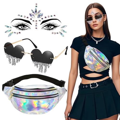 BOFUNX 90er Jahre Outfit Damen Metallic Bauchtasche + Glitzersteine Gesicht + Herz Brillen 90er Party Outfit für Hippie Neon Malle Mallorca Fasching Karneval 90er Party Festival Outfit Accessoires BOFUNX 90er Jahre Outfit Damen Metallic Bauchtasche + Glitzersteine Gesicht + Herz Brillen 90er Party Outfit für Hippie Neon Malle Mallorca Fasching Karneval 90er Party Festival Outfit Accessoires von BOFUNX