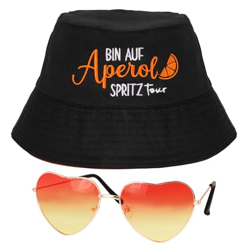 BOFUNX Apero Spritz Fischerhut Anglerhut + Retro Orange Brillen in Herzform Apero Party Hut Apero Geschenk für Apero Liebhaber Fasching Karneval Cosplay Kostüme Accessoires von BOFUNX