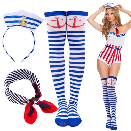 BOFUNX Damen Matrosen Kostüm, Matrosen Haarreif + Quadratisches Seidentuch + Overknee Strümpfe Blau Weiß gestreift für Fasching Karneval Mottoparty Marine Kostüm Accessoires BOFUNX Damen Matrosen Kostüm, Matrosen Haarreif + Quadratisches Seidentuch + Overknee Strümpfe Blau Weiß gestreift für Fasching Karneval Mottoparty Marine Kostüm Accessoires von BOFUNX