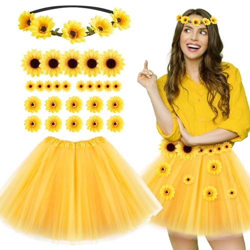 BOFUNX Damen Sonnenblumen Kostüm, Tutu Rock Gelb Tüllrock + Sonnenblumen Stirnband Haarschmuck + 25pcs Sonnenblumen Blütenköpfe für Karneval Mottoparty Cosplay von BOFUNX