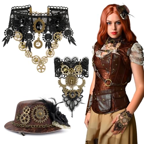 BOFUNX Damen Steampunk Accessoires, Steampunk Halskette Gotisch Choker + Steampunk Handstulpen Armbänder + Steampunk Mini Hut Haarklammer, Steampunk Kostüm für Karneval Halloween von BOFUNX