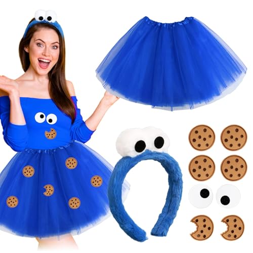 BOFUNX Damen Tüllrock Blau Tutu Rock Minirock + Haarreif mit Augen Haarband + 10pcs Cookie Aufnäher für Fasching Karneval Mottoparty Cospaly Kostüm BOFUNX Damen Tüllrock Blau Tutu Rock Minirock + Haarreif mit Augen Haarband + 10pcs Cookie Aufnäher für Fasching Karneval Mottoparty Cospaly Kostüm von BOFUNX