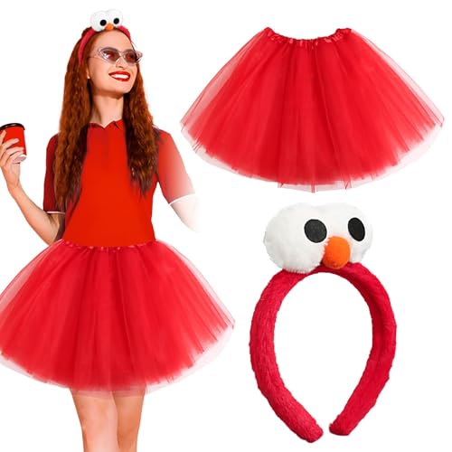 BOFUNX Damen Tüllrock Rot Tutu Rock Minirock + Haarreif mit Augen, Fasching Kostüm für Karneval Mottoparty Cosplay BOFUNX Damen Tüllrock Rot Tutu Rock Minirock + Haarreif mit Augen, Fasching Kostüm für Karneval Mottoparty Cosplay von BOFUNX