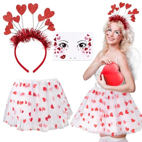 BOFUNX Damen Tüllrock mit Herzen Weiß Tutu Rock + Herz Haarreif + Herz Gesichtstattoos, Amor Kostüm für Valentinstag Karneval Mottoparty Cosplay BOFUNX Damen Tüllrock mit Herzen Weiß Tutu Rock + Herz Haarreif + Herz Gesichtstattoos, Amor Kostüm für Valentinstag Karneval Mottoparty Cosplay von BOFUNX