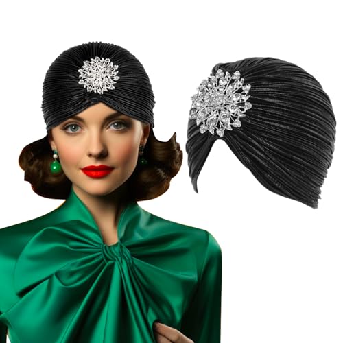 BOFUNX Damen Turban Hut mit Abnehmbarer Kristall Brosche 1920s Vintage Turban Hut Glitzer Elastische Kopf Wraps Gatsby Fasching Kostüm Accessoires (schwarz) von BOFUNX