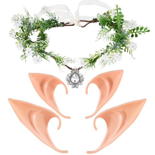 BOFUNX Elfe Florla Waldfee Stirnband mit Elfenohren 2 Paar Waldblumenkrone Waldfee Strass Stirnband Kopfschmuck Waldfee Cosplay Zubehör für Weihnachten Karneval Halloween Cosplay Party von BOFUNX