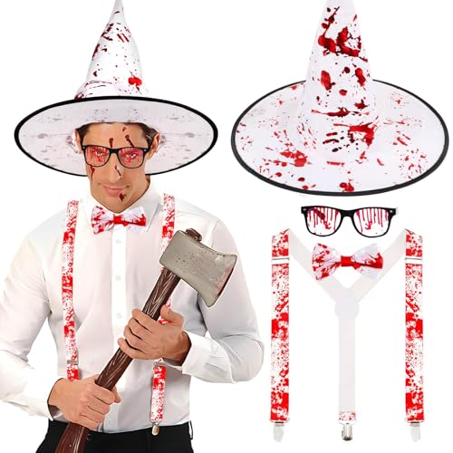 BOFUNX Halloween Blutig Kostüm, Hosenträger Fliege Brille Zauberer Hut, Horror Blutbefleckte Kostüm für Halloween Karneval Cosplay Party von BOFUNX