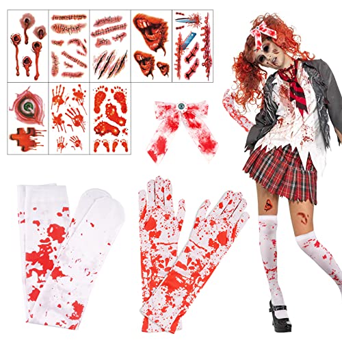 BOFUNX Halloween Blutige Handschuhe und Blutige Socken Krankenschwester Kostümzubehör für Halloween Zombie + Blutige Schleife Haarspangen + 8pcs Narben Tattoos Zombie von BOFUNX