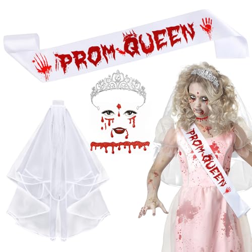 BOFUNX Halloween Damen Kostüm, Kristallkrone Tiara + Brautschleier + Blutig Gesichtstattoo + Prom Queen Schärpe, Zombie Ballkönigin Kostüm für Halloween Karneval Mottoparty Cosplay von BOFUNX