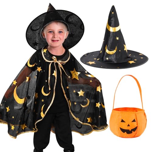 BOFUNX Halloween Kostüm Kinder, Fledermaus Umhang Zauberer Mantel Kostüm mit Hexen Hut, Kürbis Candy Bag für Kinder Halloween Karneval Fasching Kostüm Accessoire von BOFUNX