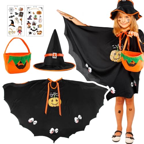 BOFUNX Halloween Kostüm Kinder Fledermaus Umhang mit Hexen Hut, Kürbis Candy Bag, Kürbis Tattoos für Kinder Halloween Karneval Fasching Kostüm Accessoire von BOFUNX