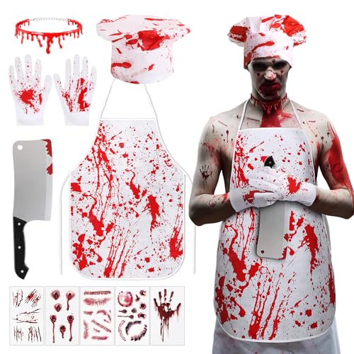 BOFUNX Halloween Metzger Kostüm, Blutig Kochmütze + Schürze + Handschuhe + Messer + 5pcs Tattoos + Halskette, Schlächter Kostüm für Halloween Karneval Mottoparty Cosplay von BOFUNX