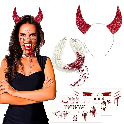 BOFUNX Halloween Teufel Hörner Stirnband Set mit Blutige Perlen Halskette + 3 Blätter Halloween Temporäre Tattoos Teufel Kostüm Accessoires für Erwachsene Kinder Halloween Party Makeup von BOFUNX