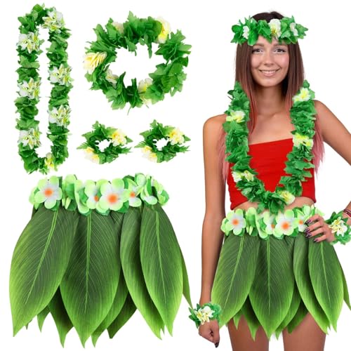 BOFUNX Damen Hawaii Kostüm für Fasching Karneval: Halskette + Stirnband + 2×Armbänder + Blätterrock (75-130cm, Green) von BOFUNX