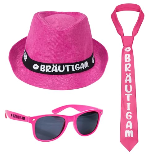 BOFUNX JGA Kostüm Set Männer Junggesellenabschied Kostüm Accessories Outfit mit Pinkfarbene Bräutigam Hut + Bräutigam Brille + Bräutigam Krawatte für Herren JGA Party Kostüm Zubehör von BOFUNX