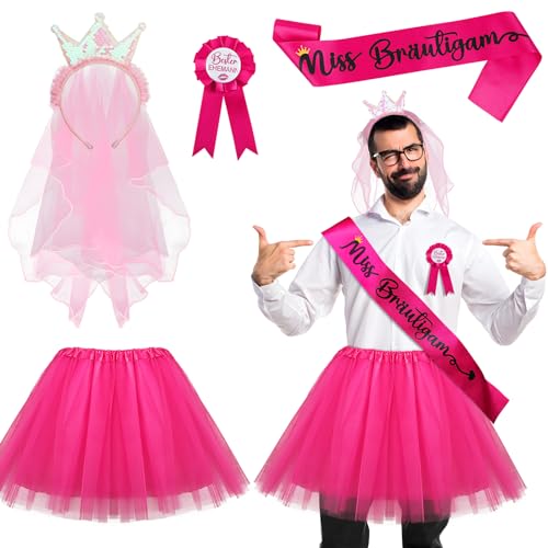 BOFUNX JGA Kostüm Set Männer Junggesellenabschied Kostüm Outfit mit Rosa Schleier Krone Stirnband + Miss Bräutigam Schärpe + Besten Ehemann Abzeichen + Rosa Tüllrock von BOFUNX