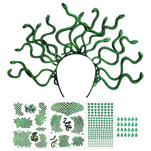 BOFUNX Medusa Kostüm Zubehör, Schlangen Haarreif + 2pcs Fischschuppen Tattoos + 2pcs Grün Strasssteine Aufkleber, Damen Schlange Kostüm für Halloween Karneval Cosplay von BOFUNX