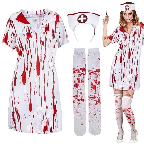 BOFUNX Zombie Krankenschwester Kostüm Halloween mit Haarreif, Strümpfe Blutige Krankenschwester Kostüm Outfits für Erwachsene Halloween Karneval Fasching von BOFUNX
