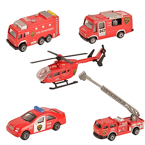 BOHS Feuerwehr-Rettungsfahrzeuge - Mini-Metall-Minidruckguss - Flugleiter-Feuerwehrfahrzeuge, Rettungshubschrauber, Wassertank-Feuerwehrauto, Streifenwagen, Kommandantenzentrale (5 Stück) von BOHS