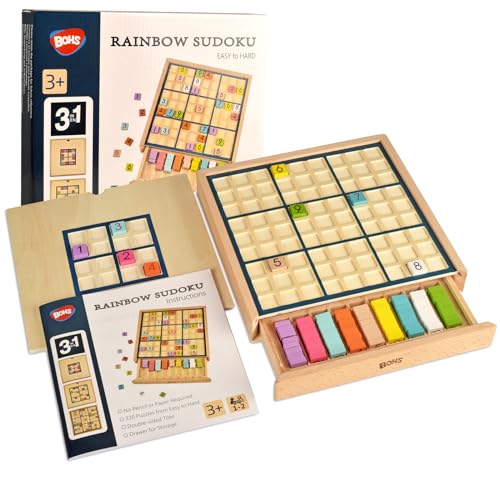 BOHS Hölzernes Regenbogen-Sudoku für Kinder – 3 in 1, leicht bis schwer – mit Buch mit 320 Sudoku-Rätseln – Desktop-Denkspiel-Spielzeug von BOHS