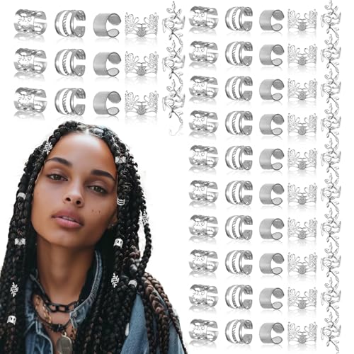 BOHUIZ 80pcs Silber Haarschmuck Dreadlock, Schmuck für Haar Dreadlocks, Haarmanschetten für Flechten, verstellbare Haarringe Flechten Clips Haar Zubehör für Männer Frauen (Silber) von BOHUIZ