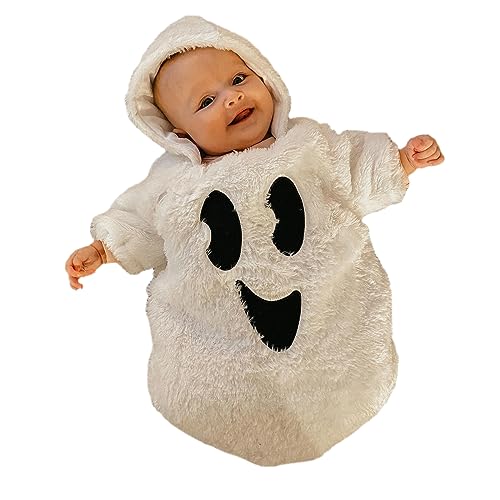BOIBOKOKO Halloween Kostüm Baby Mädchen Jungen Strampler mit Kapuze Langarm (Weiß, 3-6 Monate) von BOIBOKOKO
