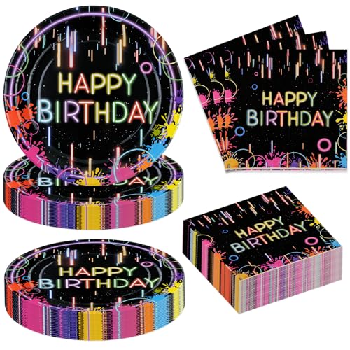40Stück Neon Geburtstag Party Teller & Servietten-Einmalgeburtstag Geschirr Neon Glühen Bunte Glühen im Dunkeln Party Dekoration Favor für Geburtstag Baby Dusche 20 Gäste Schuleinführung von BOKFJBP