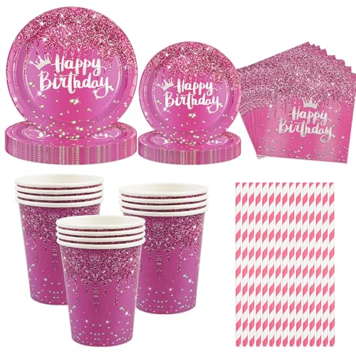 Rosenrotgold Partygeschirr, 50Stück Diamanten 23cm/18cm Pappteller Tassen Servietten Strohhalme Bling Hell Geburtstag Partygeschirr für Happy Birthday Hochzeitsparty Tischdekorationen-10 Gäste von BOKFJBP
