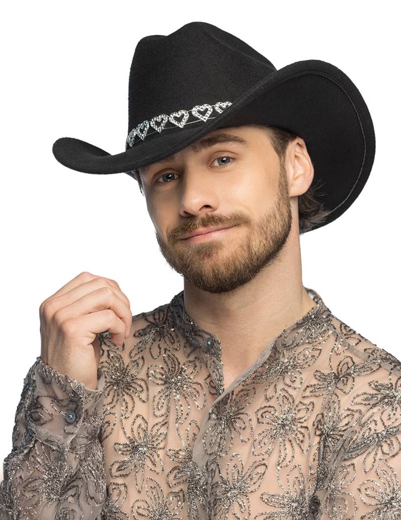 Cowboyhut Schwarz Herzen für Erwachsene mit glänzenden Herzen von BOLAND BV