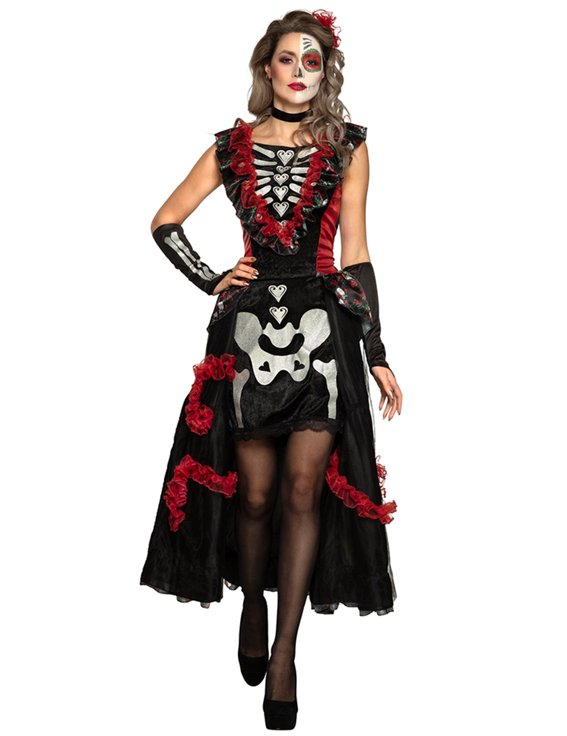 Día de los Muertos-Kostüm für Damen Halloweenkostüm schwarz-rot von BOLAND BV