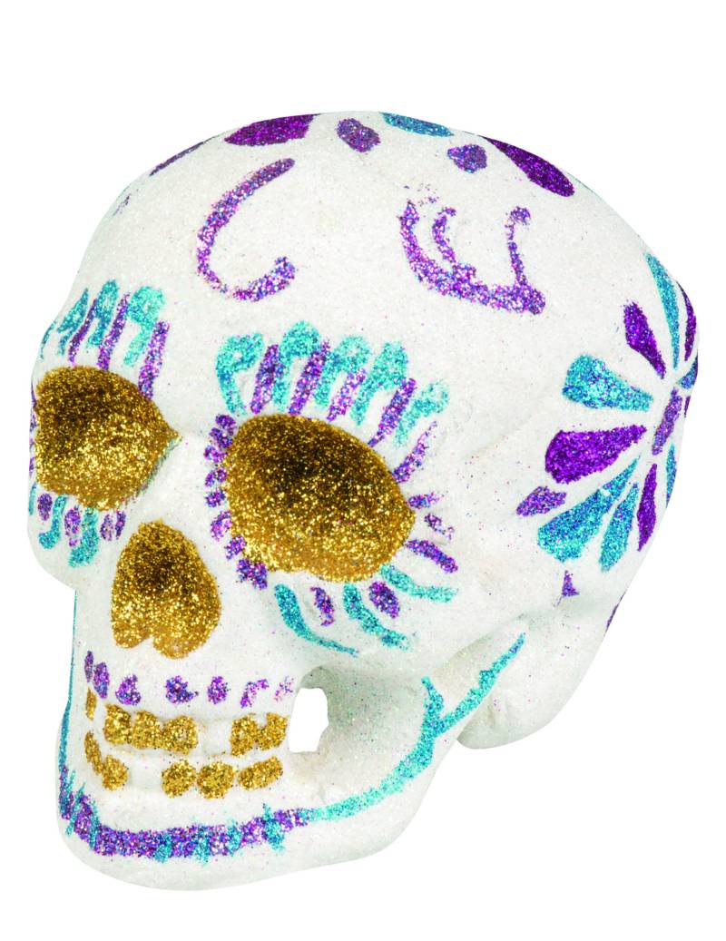 Glitzer-Totenkopf Halloween-Deko Sugar Skull weiss-silber 16x13cm von BOLAND BV