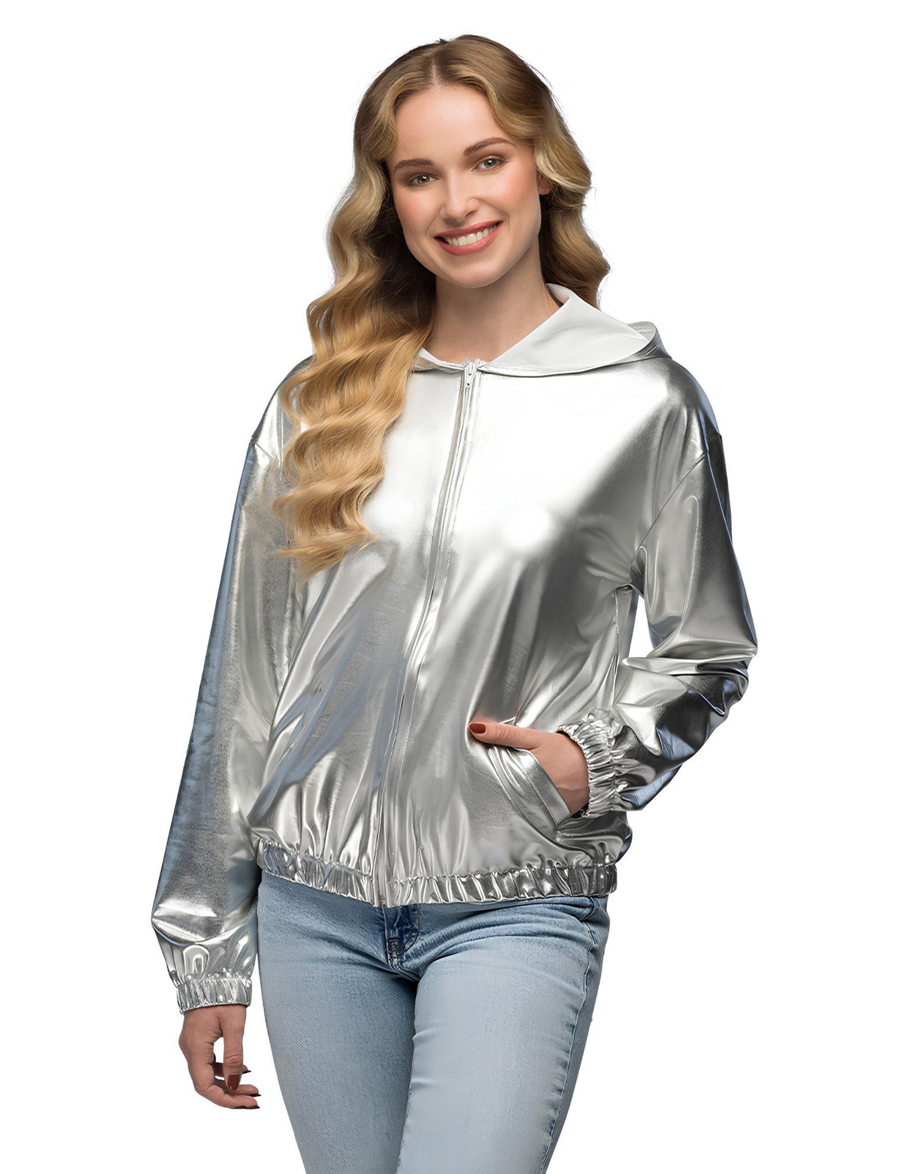 Metallic Jacke Silber Kapuzenjacke für Erwachsene silber Metallic Jacke Silber Kapuzenjacke für Erwachsene silber von BOLAND BV