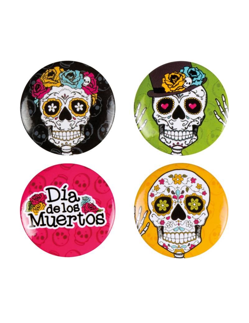 Tag der Toten Plaketten Halloween Buttons 4 Stück bunt 3cm von BOLAND BV