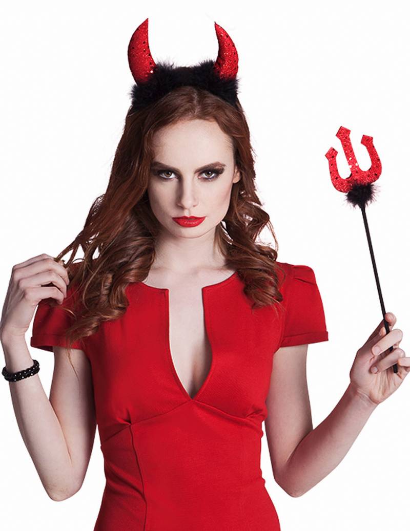Teufelin Kostüm-Set Halloween Dreizack und Hörner rot-schwarz von BOLAND BV