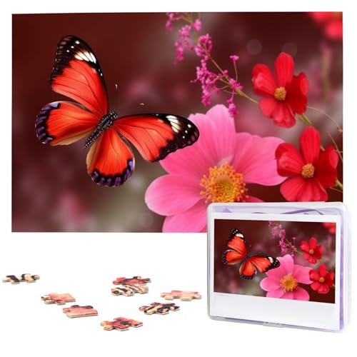 Rote Blumen- und Schmetterlingspuzzle, personalisierbar, 1000 Teile, Puzzles aus Fotos, Bilderpuzzle für Erwachsene, Familie von BONDIJ