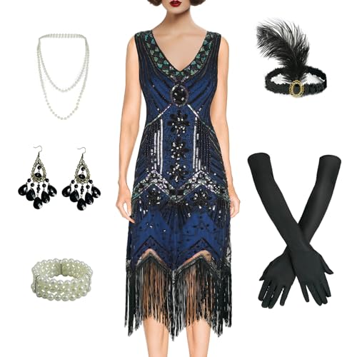 BONGZUO Damen 1920er Flapper Kleid Vintage Spitze Fransen Gatsby Cocktailkleid mit 20er Jahre Zubehör Set, Z3722bu, Large BONGZUO Damen 1920er Flapper Kleid Vintage Spitze Fransen Gatsby Cocktailkleid mit 20er Jahre Zubehör Set, Z3722bu, Large von BONGZUO