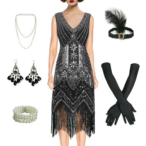 BONGZUO Damen 1920er Flapper Kleid Vintage Spitze Fransen Gatsby Cocktailkleid mit 20er Jahre Zubehör Set, Z3722gy, Large BONGZUO Damen 1920er Flapper Kleid Vintage Spitze Fransen Gatsby Cocktailkleid mit 20er Jahre Zubehör Set, Z3722gy, Large von BONGZUO