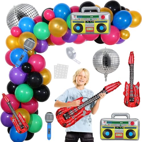 80er 90er Jahren Party Deko,80er 90er Jahre Ballon Girlande Set,80 90er Party Dekoration Set mit Aufblasbare Gitarre Mikrofon Aufblasbar für Disco Party Deko, Retro Party von BONHHC