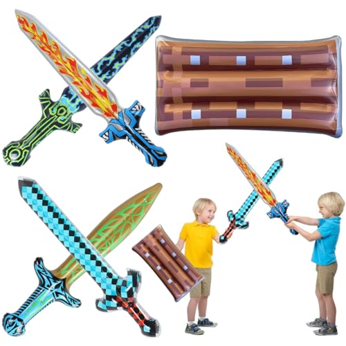 BONHHC Aufblasbare Schwerter, 5 Stück Aufblasbare Waffen Set, Aufblasbares Schwert, Aufblasbare Waffen Kinder mit Aufblasbare Schild, Pixel Aufblasbare Spielzeuge für Pool Party Cosplay Karneval von BONHHC